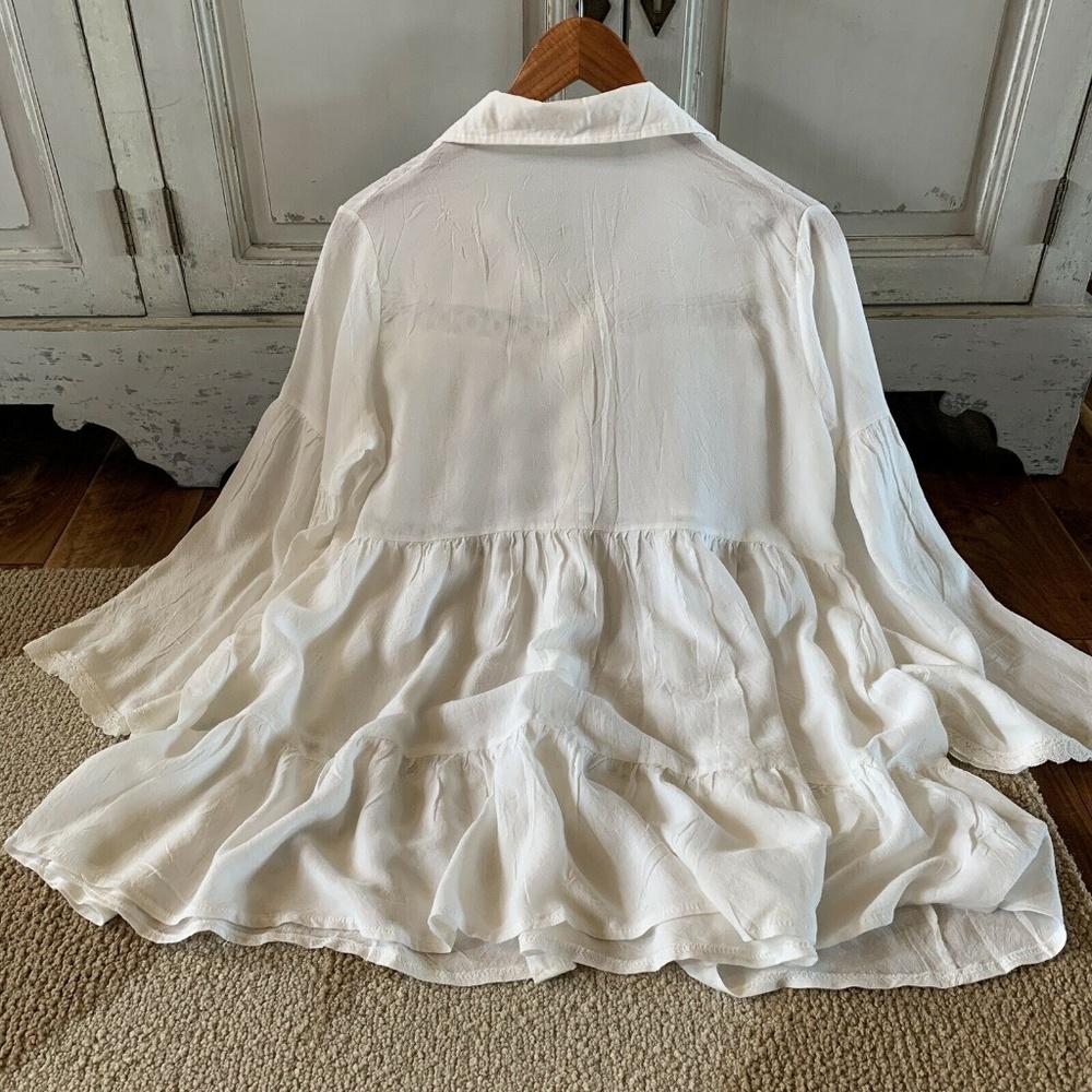 Bohemian White Cotton Button Up Tunic  Top Blouse - Picture 6 of 7